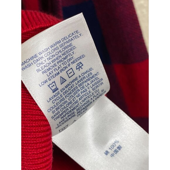 Lands End Supima Cotton Red Blue Buffalo Plaid Button Cardigan Sweater Medium - Picture 7 of 14